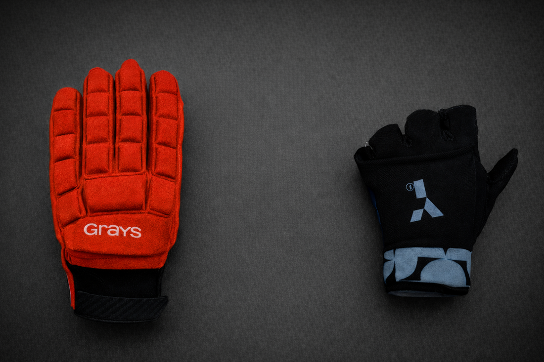 Filed hockey gloves including Grays, Y1 and inner gloves for protection.