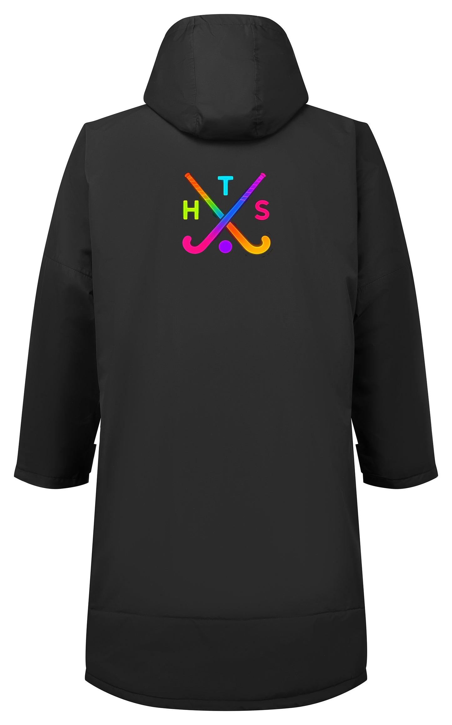 Black jacket with colorful logo on the back against a white background